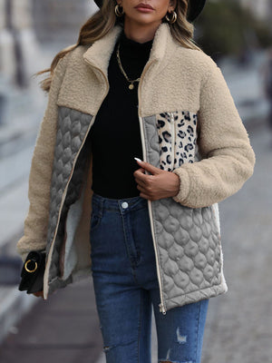 Teddy & quilted panel zip jacket in tan with gray, leopard print, and diamond quilting details.
