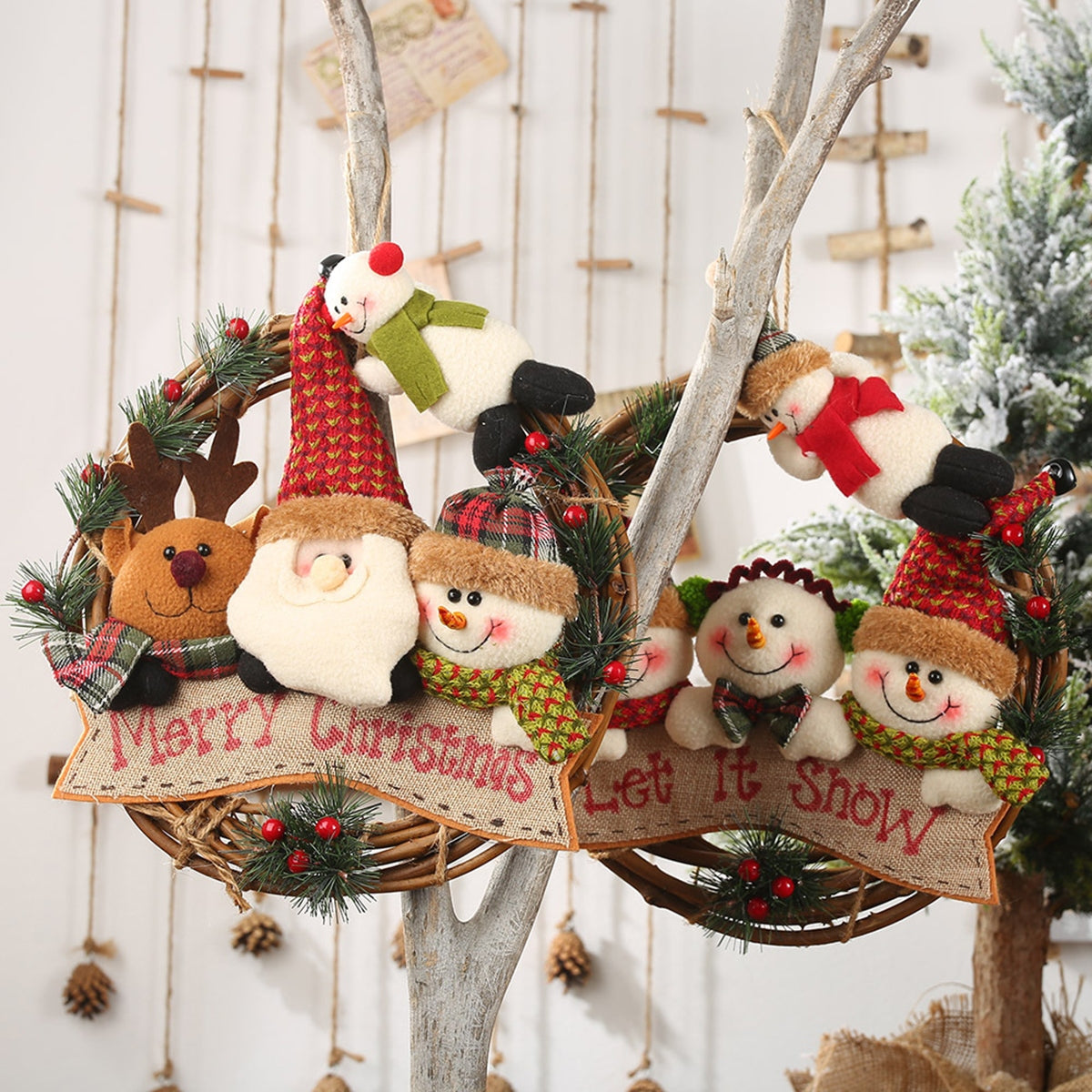 Festive wreath with plush Santa, reindeer, and snowmen figures, "Merry Christmas" banner.