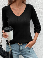 Black ribbed V-neck knit sweater with long sleeves.