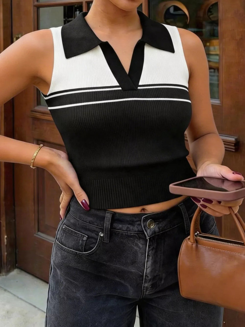 Contrast Collar Striped Knit Sweater Vest in Black, side view