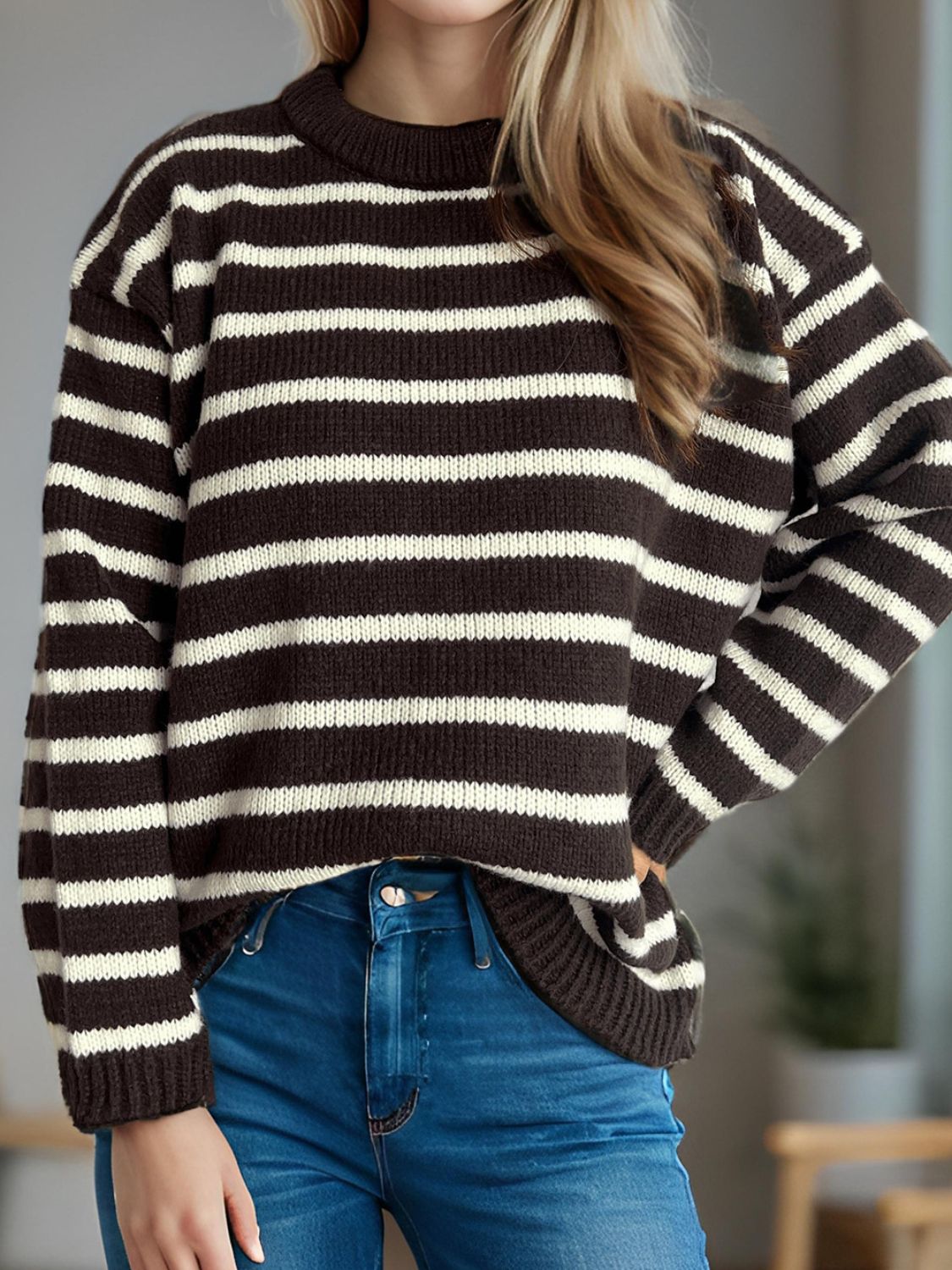 Breton stripe relaxed knit sweater in chocolate and white acrylic with a crew neck.