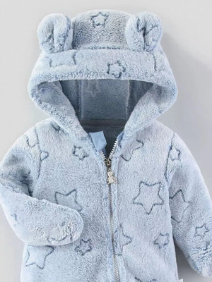 Light blue plush one-piece pajama with bear ears hood and star pattern