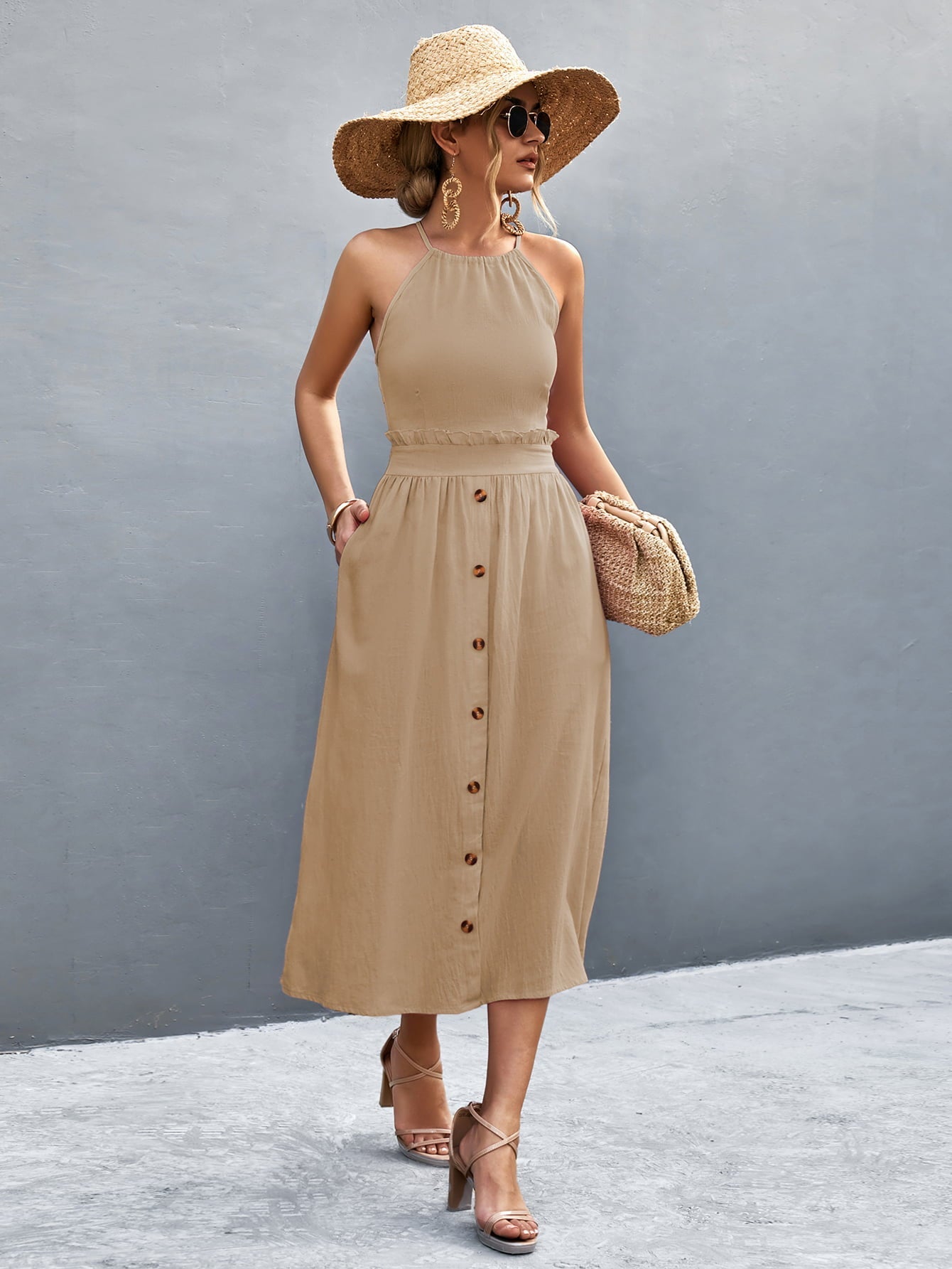 Khaki halter midi dress with button front and ruffled waist detail