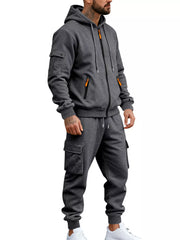 Men's Plus Size Casual Zip-up Hoodie And Cargo Pants Set in Dark Gray, view 11