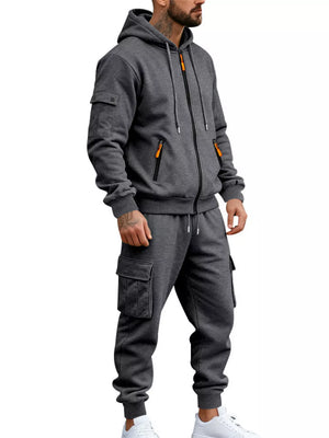 Men's Plus Size Casual Zip-up Hoodie And Cargo Pants Set in Dark Gray, view 11
