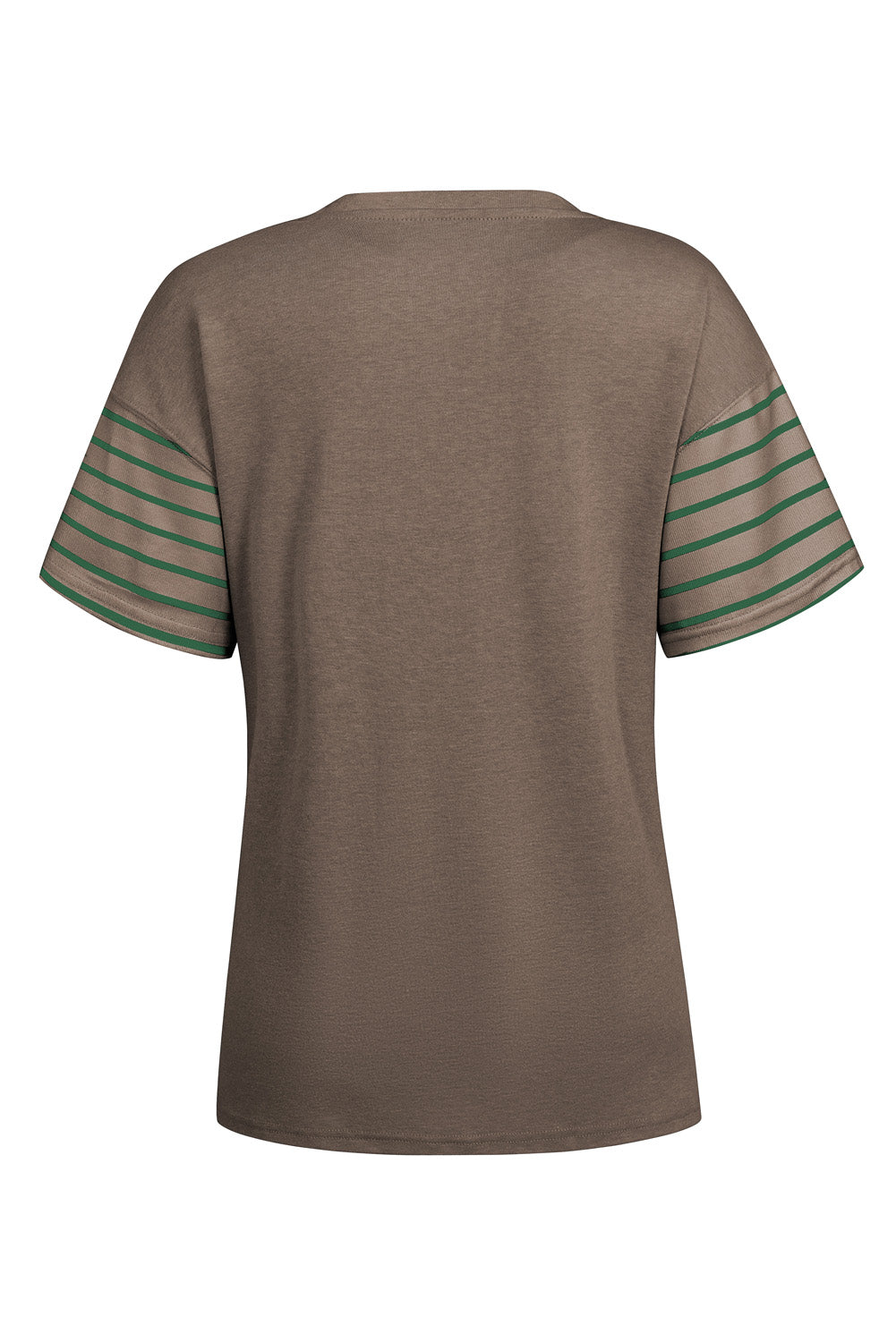 Colorblock raglan tee in tan with green striped sleeves and side slits