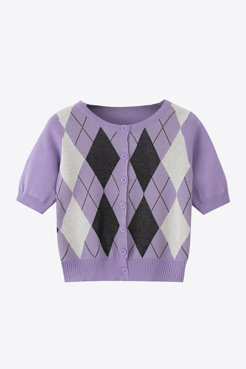 Argyle knit cropped cardigan in lavender with short sleeves and button front.
