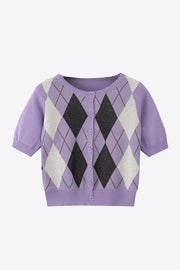 Argyle knit cropped cardigan in lavender with short sleeves and button front.