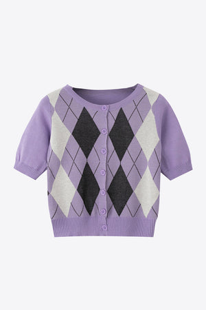 Argyle knit cropped cardigan in lavender with short sleeves and button front.