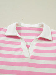 Pink and white striped cotton blouse with a white collar and V-neck detail.