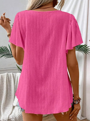 Rose Red embroidered square neck flutter blouse with textured fabric.