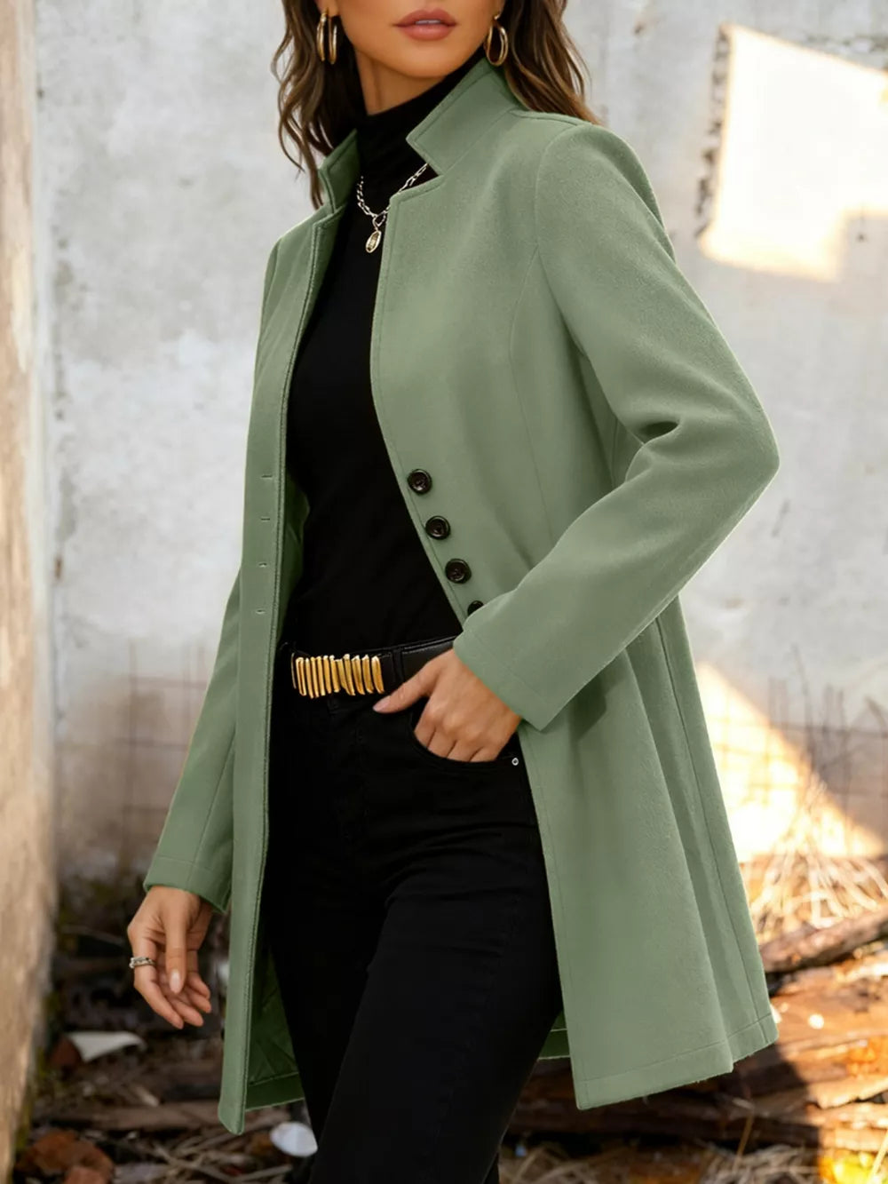 Chic longline trench coat in Matcha Green with button-down detail and standing collar.