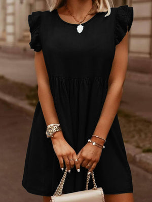 Black denim babydoll dress with ruffled short sleeves and a gathered waist.