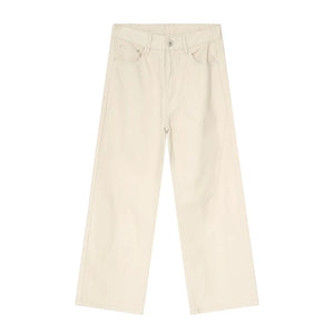 Cream wide-leg denim jeans with angular seam detail and casual fit.