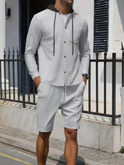 Men's Casual Hooded Button-up Shirt And Shorts Set, fabric detail
