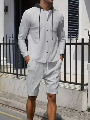 Men's Casual Hooded Button-up Shirt And Shorts Set, fabric detail
