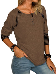 Raglan stripe henley tee in coffee brown with button detail and striped sleeves.
