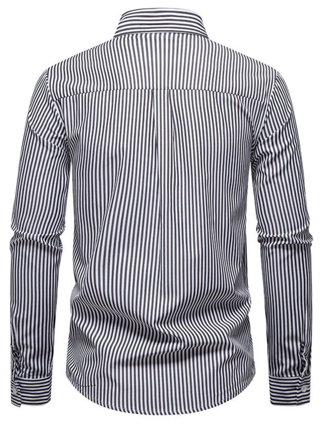 Men's black and white striped long sleeve button-down shirt with collar detail