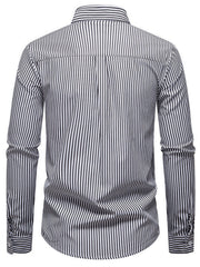 Men's black and white striped long sleeve button-down shirt with collar detail