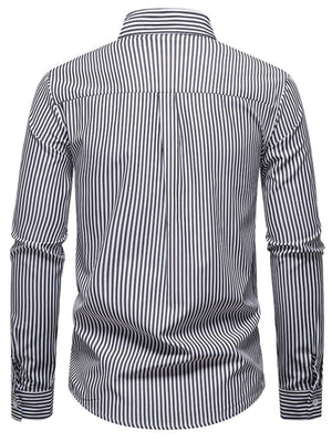 Men's black and white striped long sleeve button-down shirt with collar detail