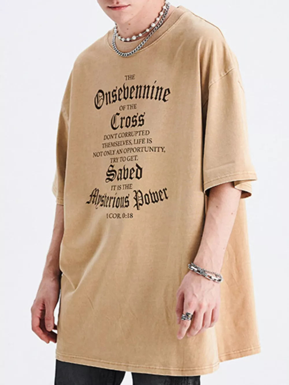 Men's tan distressed cotton graphic t-shirt with relaxed fit and crew neck.