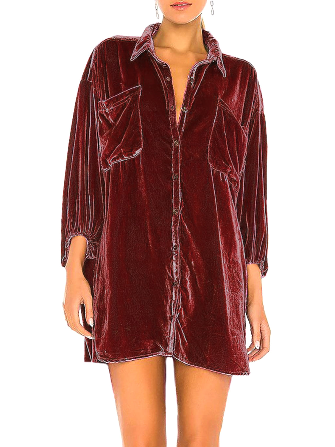Velvet oversized shirt in deep purple with button front and chest pockets.