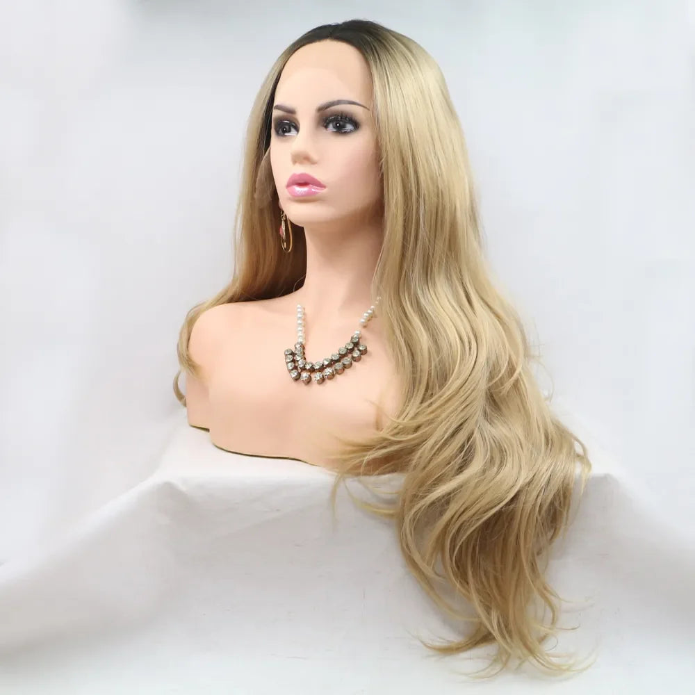 Ombré beach wave lace front wig in brown/khaki, styled on a mannequin with jewelry.