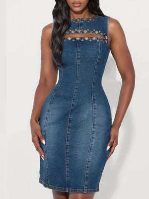 Embellished cutout denim dress with a bodycon fit and sleeveless design.
