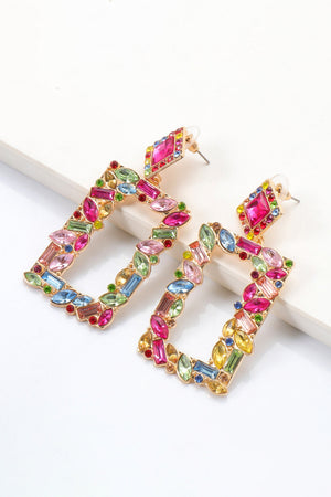Geometric jewel box earrings with multicolor gemstones and gold alloy frame.