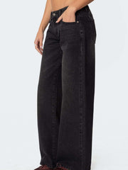 Black wide leg denim jeans with button fly and ankle length