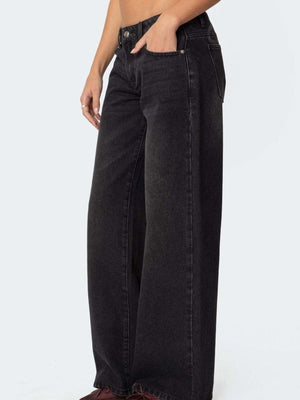 Black wide leg denim jeans with button fly and ankle length
