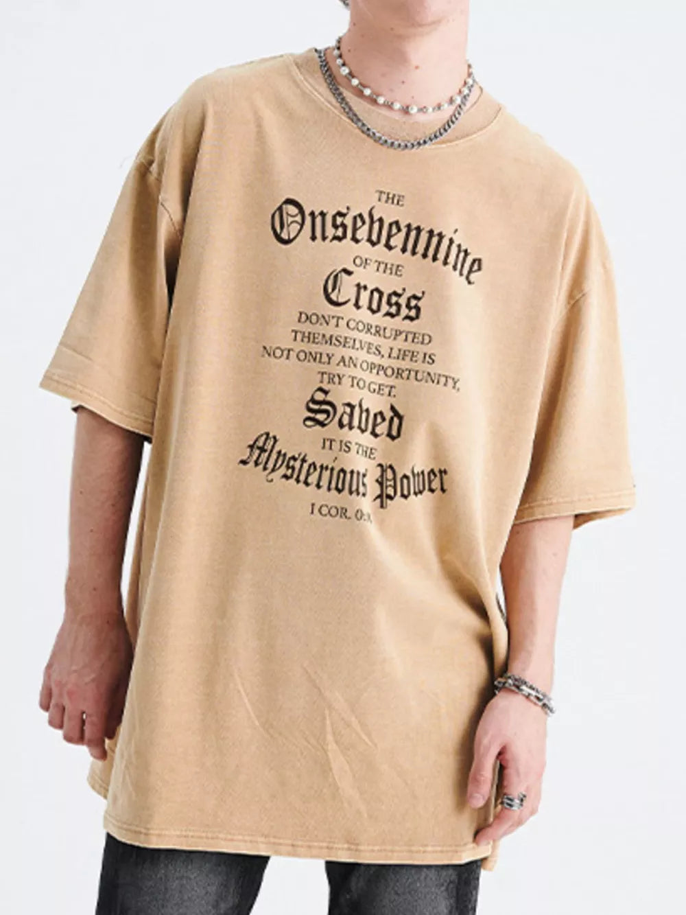 Men's tan distressed cotton graphic t-shirt with relaxed fit and crew neck.