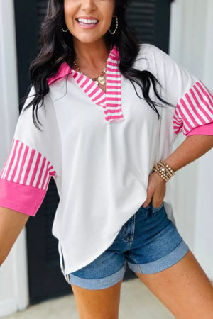 White polyester polo shirt with pink stripe collar and sleeves, short sleeves, relaxed fit.