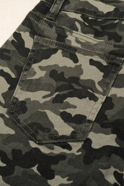 Women's camo print cotton jeans with a back pocket detail.