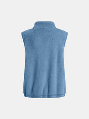 Blue teddy fleece stand-collar vest with elastic hem