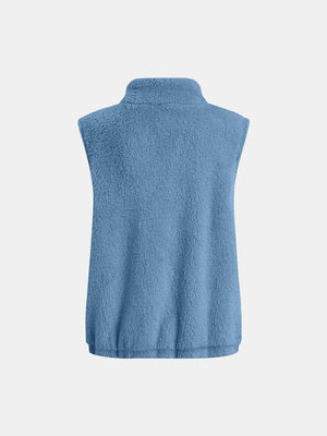Blue teddy fleece stand-collar vest with elastic hem