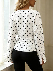 Polka Dot V-neck Long Sleeve T-shirt in Black, back view