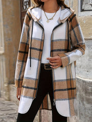 Longline plaid hooded zip-through jacket in camel with white and black accents.