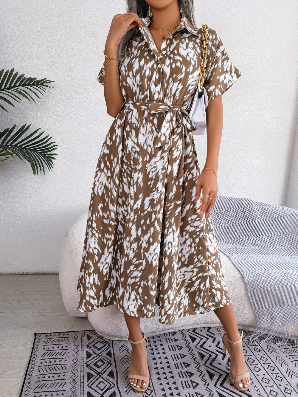 Mocha Dalmatian print midi shirt dress with tie waist and short sleeves.