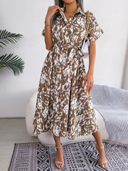 Mocha Dalmatian print midi shirt dress with tie waist and short sleeves.