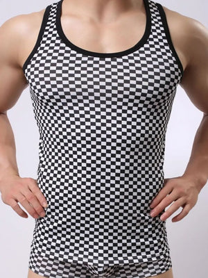 Gridlock racerback tank top in black and white checkerboard pattern with black trim.