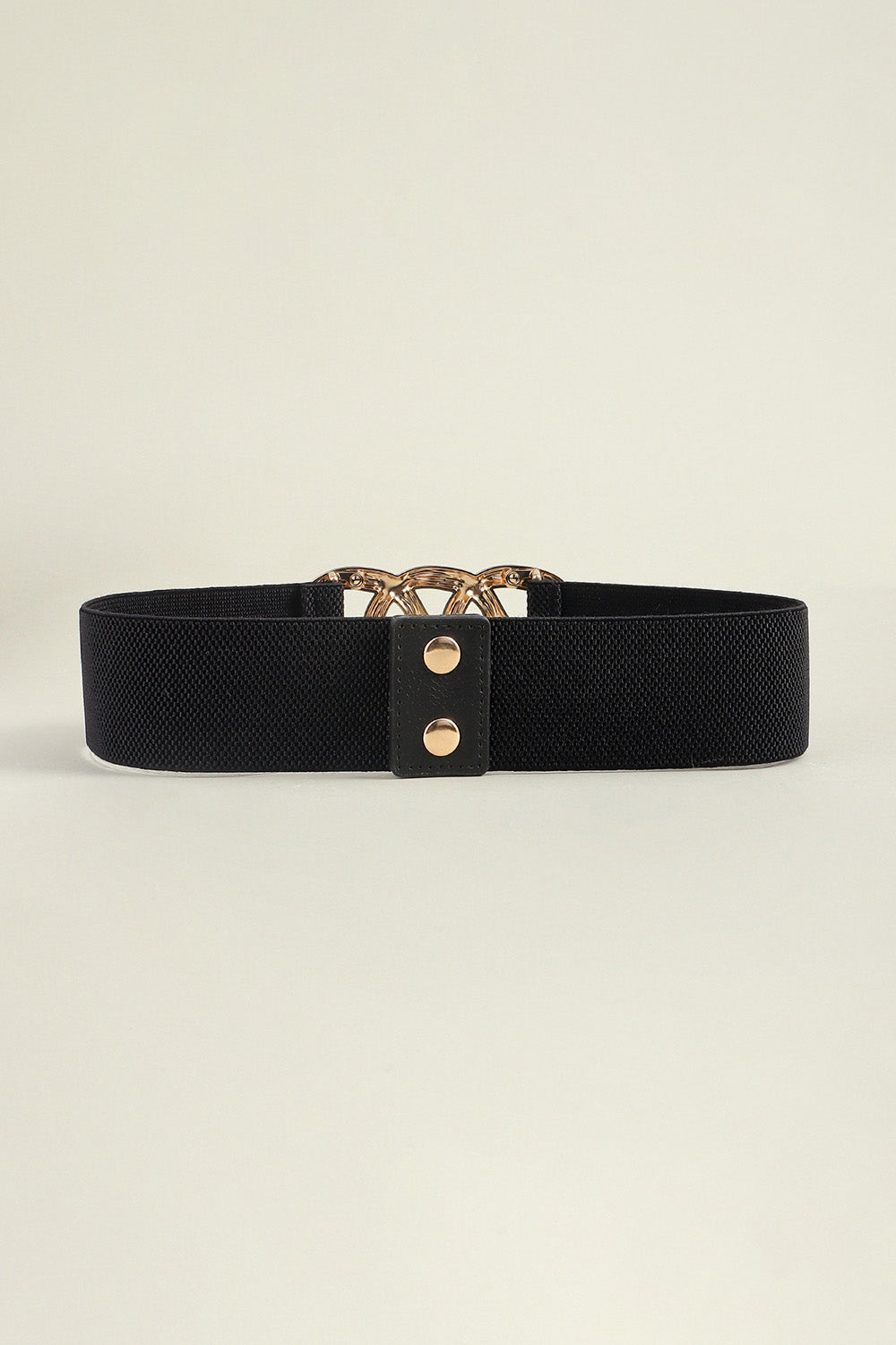Black elastic belt with triple ring gold alloy buckle and gold stud closure