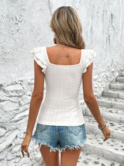 White ruffled square neck t-shirt with cap sleeves and eyelet detail.
