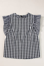 Black gingham ruffle sleeve mock neck blouse with ruffled sleeves.