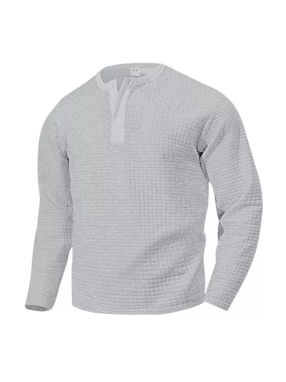 Light gray waffle knit henley t-shirt with button placket and long sleeves.