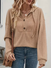 Khaki button-front drawstring hoodie with ribbed texture and a kangaroo pocket.