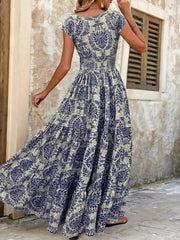 Blue damask print maxi dress with cap sleeves and smocked waist