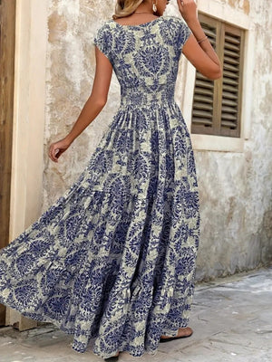 Blue damask print maxi dress with cap sleeves and smocked waist