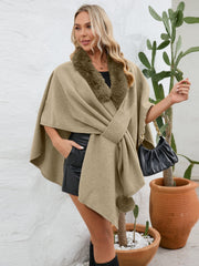 Camel faux fur collar wrap poncho with tie detail and pom-pom accent.