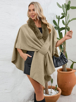 Camel faux fur collar wrap poncho with tie detail and pom-pom accent.